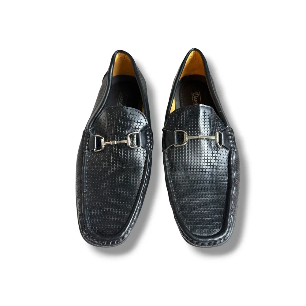 David Stone Bit Loafers Mens 11 Black Faux Leather Grid Moc Toe Slip On Shoes